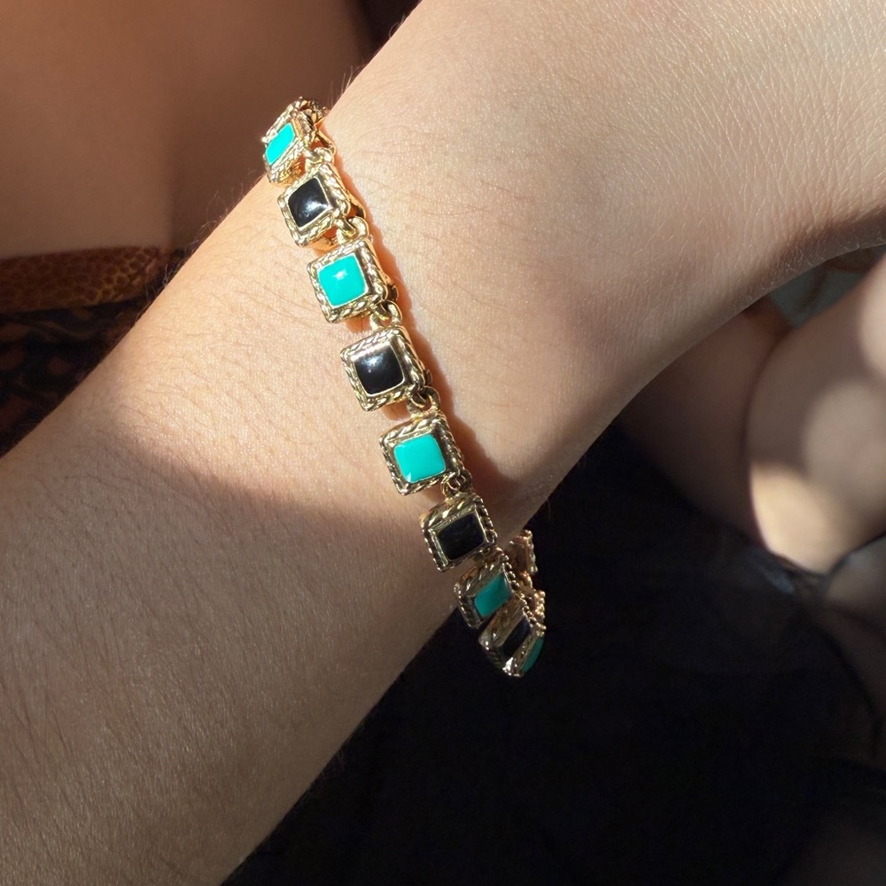 Vintage Gold Bracelet Turquoise & Black Squares